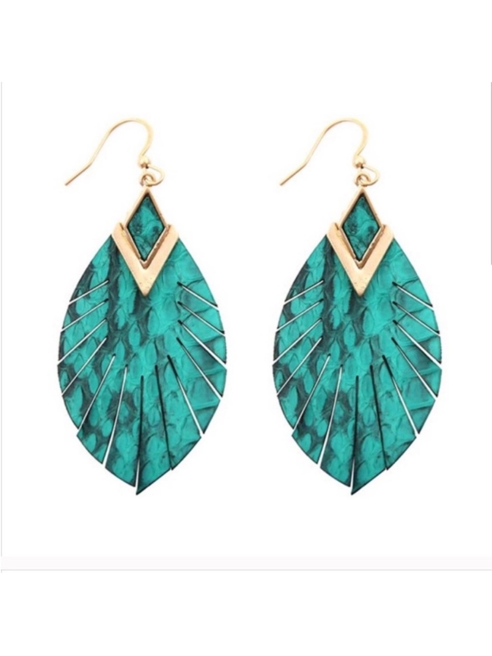 CLOSET CLEAR OUT! Teal Snakeskin Vegan Leather Marquis Earrings with Gold Accent